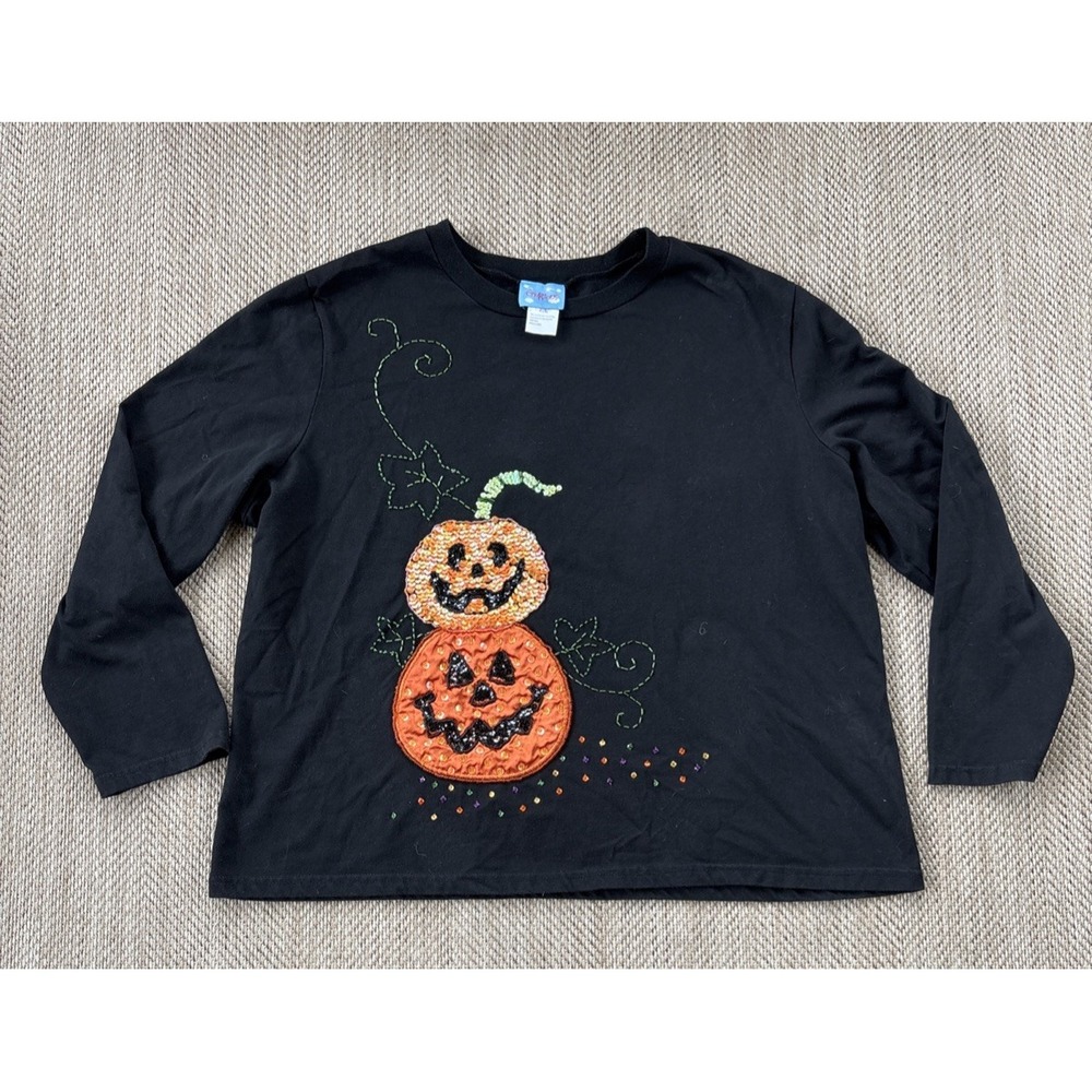 Vintage 90s Cre8ions Womens Halloween Shirt XXXL Black Pumpkin Beaded Sequined